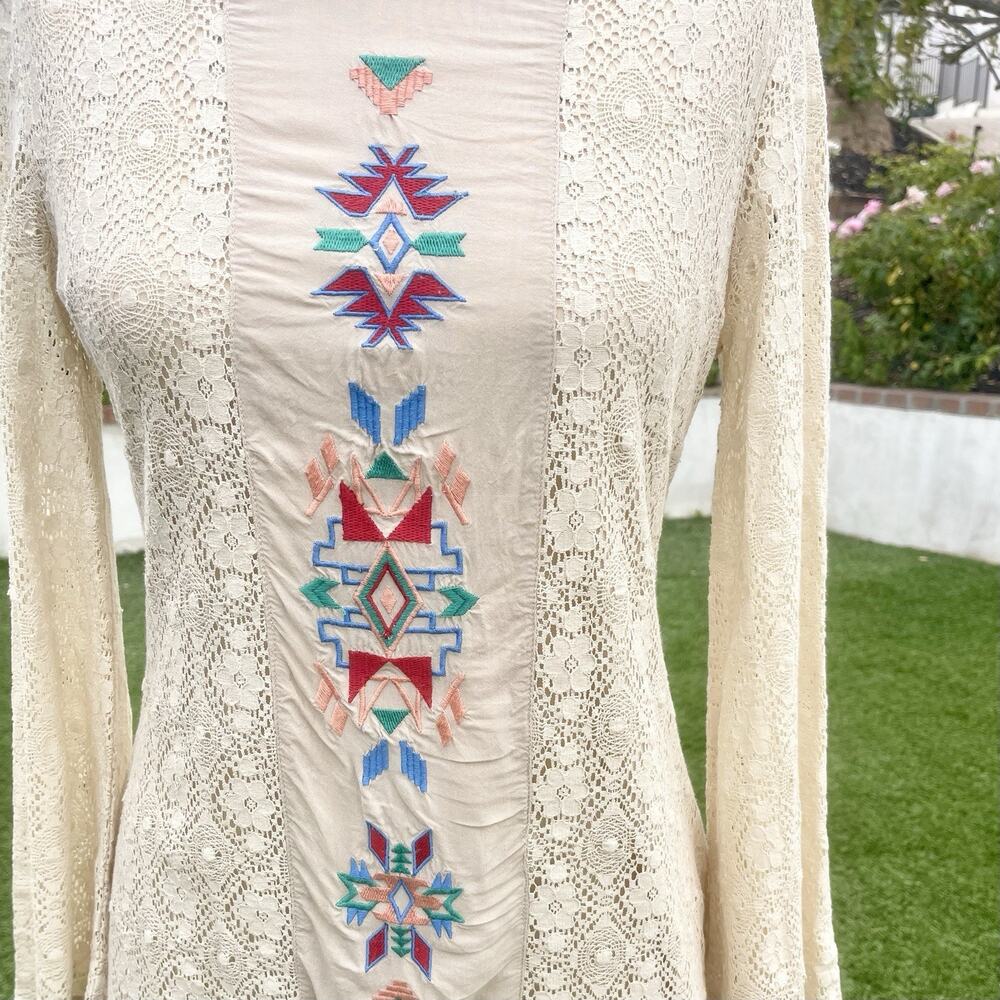 Flying Tomato Medium Beige Lace Tunic Dress Embroidered Boho Bell Sleeve